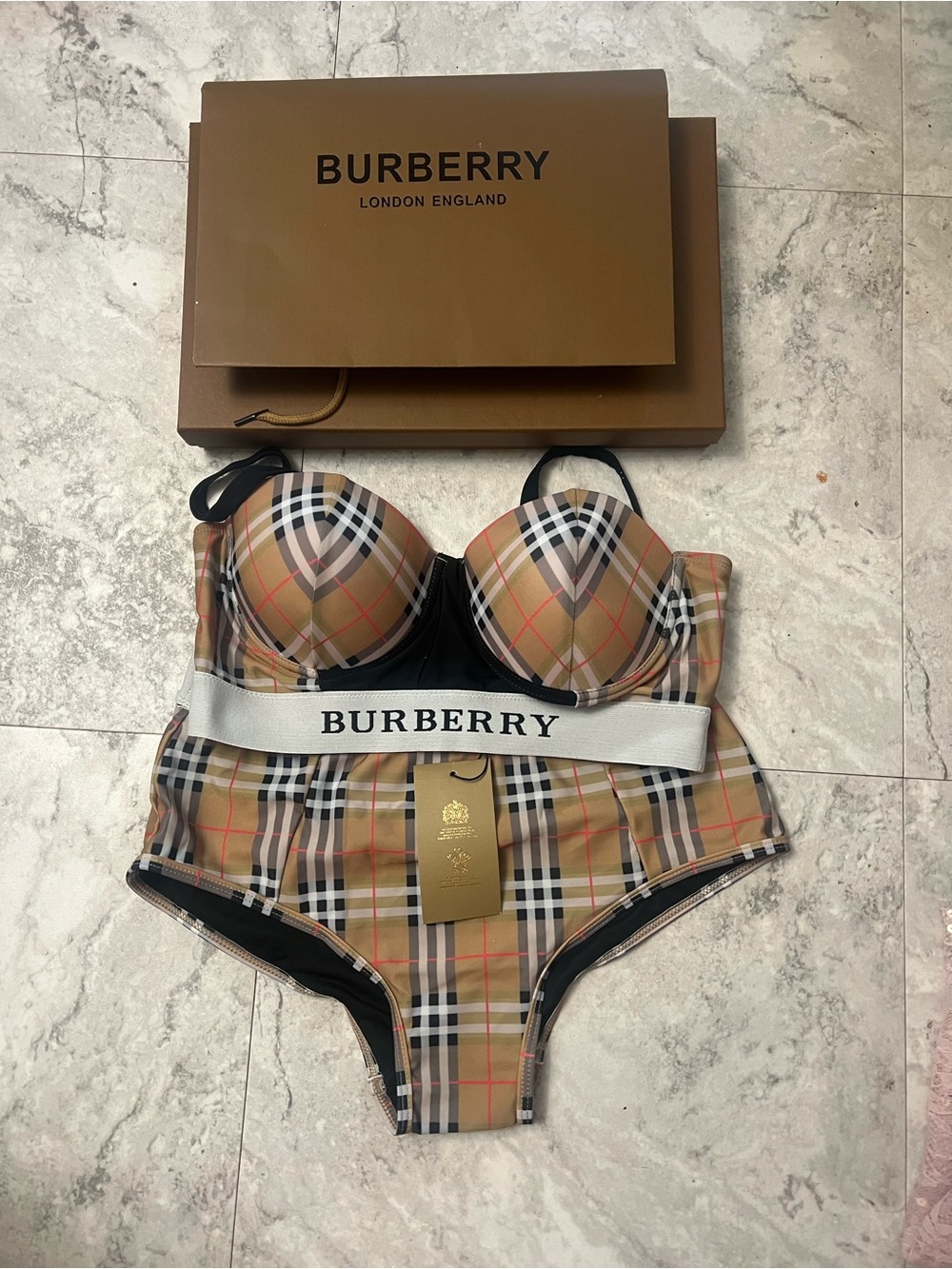 Burberry Tan Nova Check Bikini Set with Black Trim - Picture 2 of 2